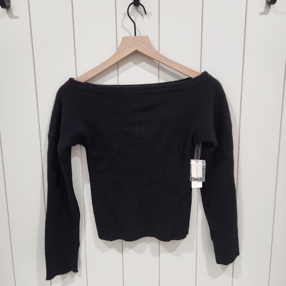 Wide Neck Ribbed Black Cashmere Crop Sweater, Size M, Anthropologie - Picture 2 of 8